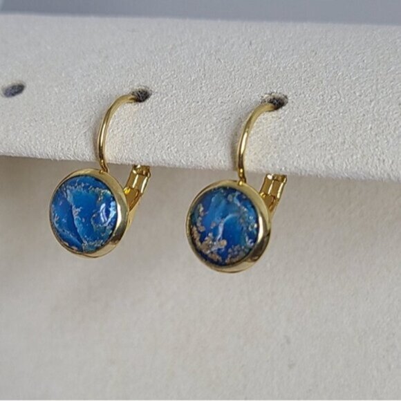 Elegant Hand Crafted Boho Blue Gold Gemstone Marble Circle Drop Dangle Earrings - Picture 5 of 14